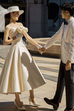 Abito da sposa Autunno Raso Oscillare Naturale A-Line Sotto Ginocchio