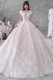 Abito da sposa Pizzo francese Pudica Allacciato A-Line Applique V-Scollo