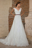 Abito da sposa Scollo a v V Chiesa Lungo A-Line Applique Maniche Corte