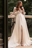 Abito da sposa Maniche Lunghe Spiaggia Profondo scollo a v Naturale