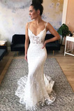 Abito da sposa Cerniera Spaghetti spalline Magro Lace Coperta Profondo V-scollo