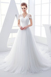 Abito da sposa Pieghe Cappellini Tulle Gonna lunga V-Scollo Corpo a rettangolo