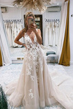 Abito da sposa Pizzo Profondo scollo a v V-Scollo A-Line Bottone Lungo