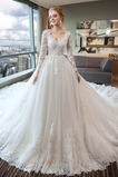 Abito da sposa Treno reale Naturale Tulle Scollo a v V Primavera Maniche Lunghe