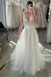 Abito da sposa Semplici Festoni Scollo a v V a linea Profondo V-scollo
