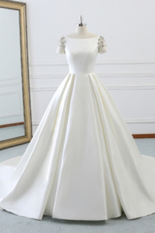 Abito da sposa Inverno Schiena Nuda Maniche Corte Pudica Bateau Festoni