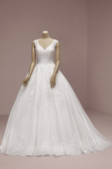 Abito da sposa A-Line Tulle Cerniera Eleganti Pizzo Overlay V-Scollo