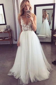 Abito da sposa Senza Maniche Tulle V-Scollo Cerniera A-Line all'aperto