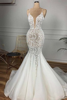 Abito da sposa Lungo Profondo scollo a v All Aperto Organza Sirena