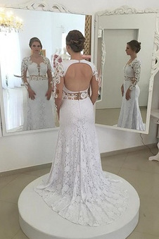 Abito da sposa Tipo standard Illusione maniche foglia guaina Schiena Nuda