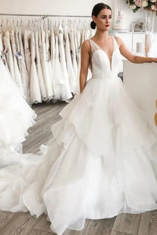 Abito da sposa Inverno Festoni Profondo scollo a v V-Scollo A-Line