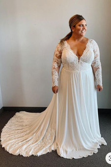 Abito da sposa Modello diritto Applique Profondo V-scollo Naturale