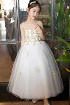 Abito cerimonia bambina Cerniera Pizzo Overlay Tulle Alle Caviglie Applique