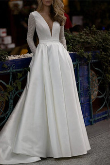 Abito da sposa Semplici V-Scollo Maniche Lunghe Primavera Raso a linea