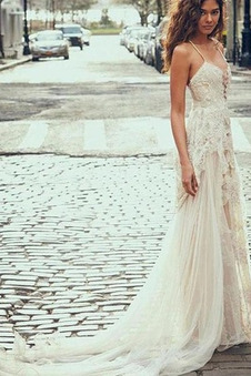 Abito da sposa Eleganti Spiaggia Pizzo Overlay Senza Maniche Cerniera