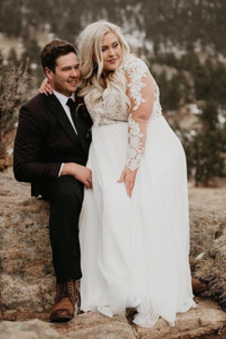 Abito da sposa Profondo scollo a v Pizzo Maniche Lunghe Spiaggia V-Scollo