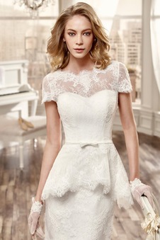 Abito da sposa Pizzo Maniche Corte Bateau indietro trasparente Tubino