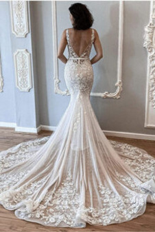 Abito da sposa Primavera stravagante Sirena Pizzo V-Scollo Lungo