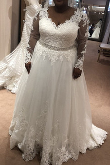 Abito da sposa Eleganti in pizzo Inverno Scollo a v V Raso Quanto