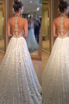 Abito da sposa Breve treno Perline Corpo a pera Tulle Schiena Nuda