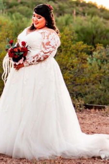 Abito da sposa in pizzo Tulle Formale a linea V-Scollo Treno di spazzata