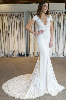 Abito da sposa Tubino Pizzo francese Festoni Scollo a v V Semplici