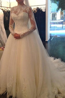 Abito da sposa Pizzo Applique Lungo Chiesa Mezza Coperta Quanto