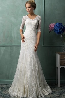 Abito da sposa Applique A-Line Lungo V-Scollo Quanto Mezze Maniche