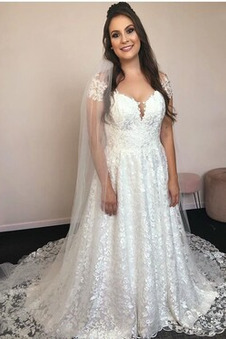 Abito da sposa all'aperto Profondo V-scollo Cappellini Pizzo Lungo