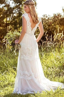 Abito da sposa stravagante unbacked Primavera a linea Bottone Profondo V-scollo