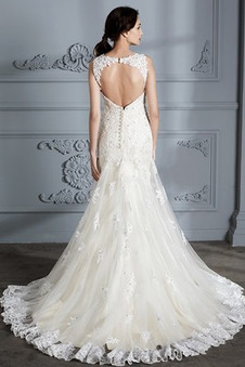 Abito da sposa Sirena Autunno Eleganti Lace Coperta Breve treno Senza Maniche