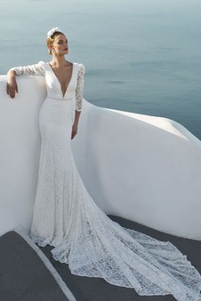 Abito da sposa Pizzo sirena Maniche a 3/4 in pizzo Schiena Nuda Quanto