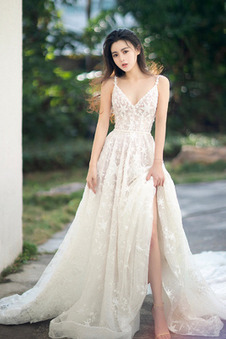 Abito da sposa Romantici Scollo a v V in pizzo Lungo Senza Maniche