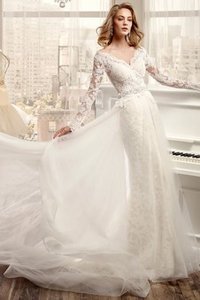 Abito da sposa Pizzo Naturale Applique Scollo a v V Quanto Senza schienale