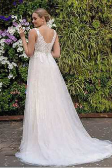 Abito da sposa Eleganti Applique Naturale V-Scollo Profondo V-scollo