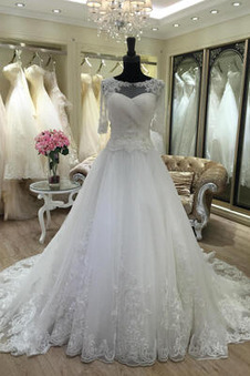 Abito da sposa Chiesa Shiena Sheer Raso Quanto Maniche a 3/4 A-Line