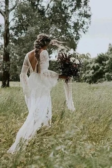 Abito da sposa Naturale all'aperto V-Scollo Estate Maniche Lunghe