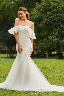 Abito da sposa Pizzo Autunno Festoni Petite Cappellini Schiena Nuda