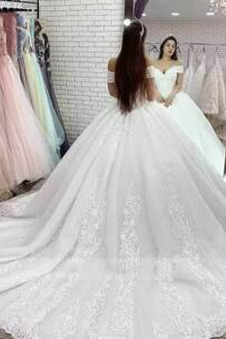 Abito da sposa Maniche Corte Cappellini A-Line Perline Raso Fuori dalla spalla