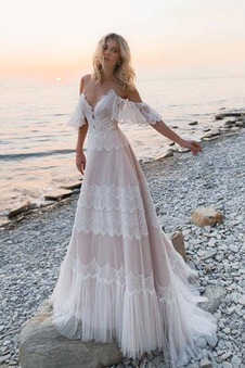 Abito da sposa Spaghetti spalline a linea Spiaggia Profondo V-scollo