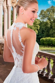 Abito da sposa Pizzo Shiena Sheer Con Velo Chiesa Naturale Lungo