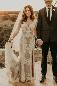 Abito da sposa Pizzo Maniche Lunghe Fessura anteriore V-Scollo Quanto