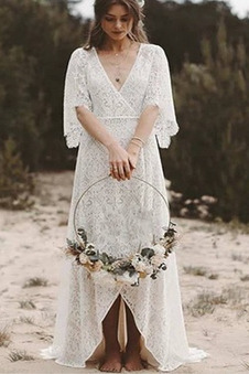 Abito da sposa Eleganti in pizzo V-Scollo Naturale Asimmetrico Treno di spazzata