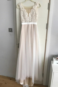 Abito da sposa Shiena Sheer A-Line Festoni Naturale Semplici Breve treno