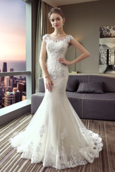 Abito da sposa Sirena Pizzo Overlay Pizzo abbondante maniche ad aletta