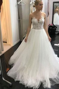 Abito da sposa indietro trasparente Naturale Cappella treno Tulle