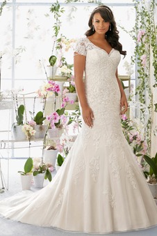 Abito da sposa Sirena Maniche Corte Applique Chiesa Lungo Cappellini