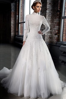 Abito da sposa Pizzo francese Applique A-Line Alta Coperta Naturale