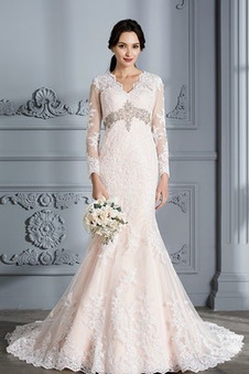 Abito da sposa Lungo Perline Quanto V-Scollo Naturale Pizzo Overlay