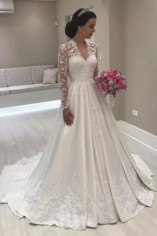 Abito da sposa Profondo scollo a v Pudica Applique Illusione maniche